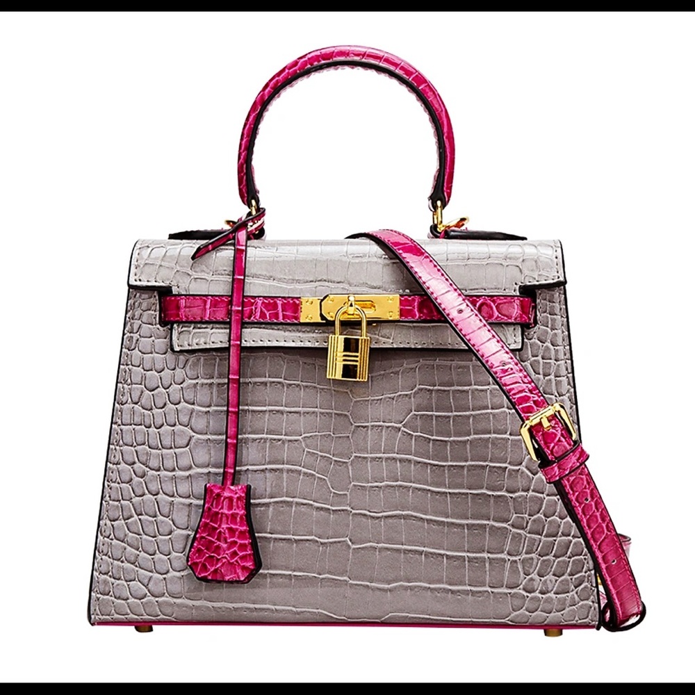 Rare 2 tones Rose Grey mixed color crocodile embossed leather bag w/ lock & key